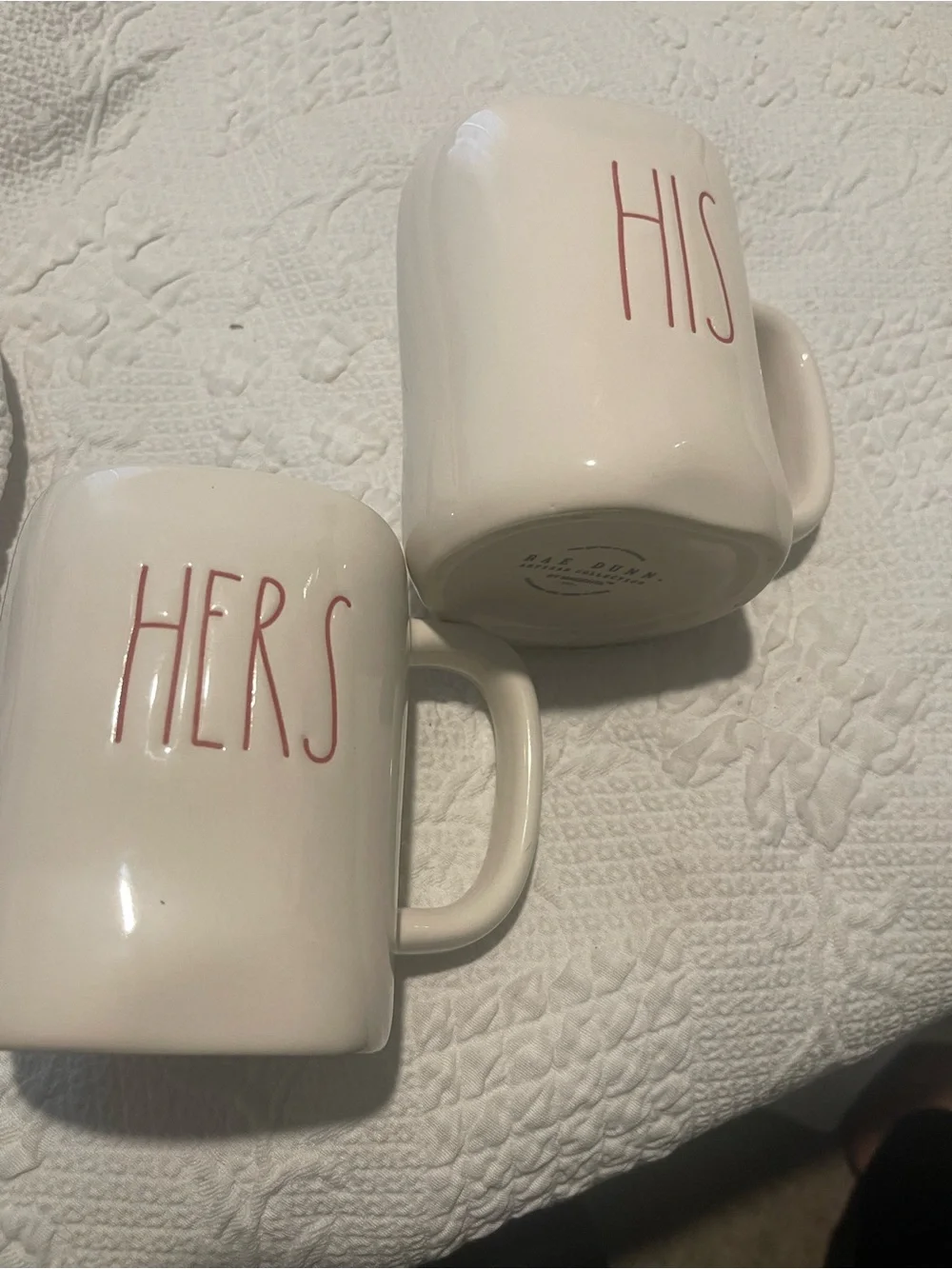 Rae Dunn White Ceramic Mug Set with Black Stamp His&Hers in red almost 5” High